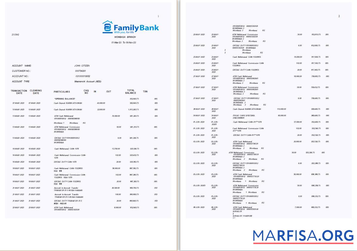 Downloadable Kenya Family bank statement word 7 pages sample